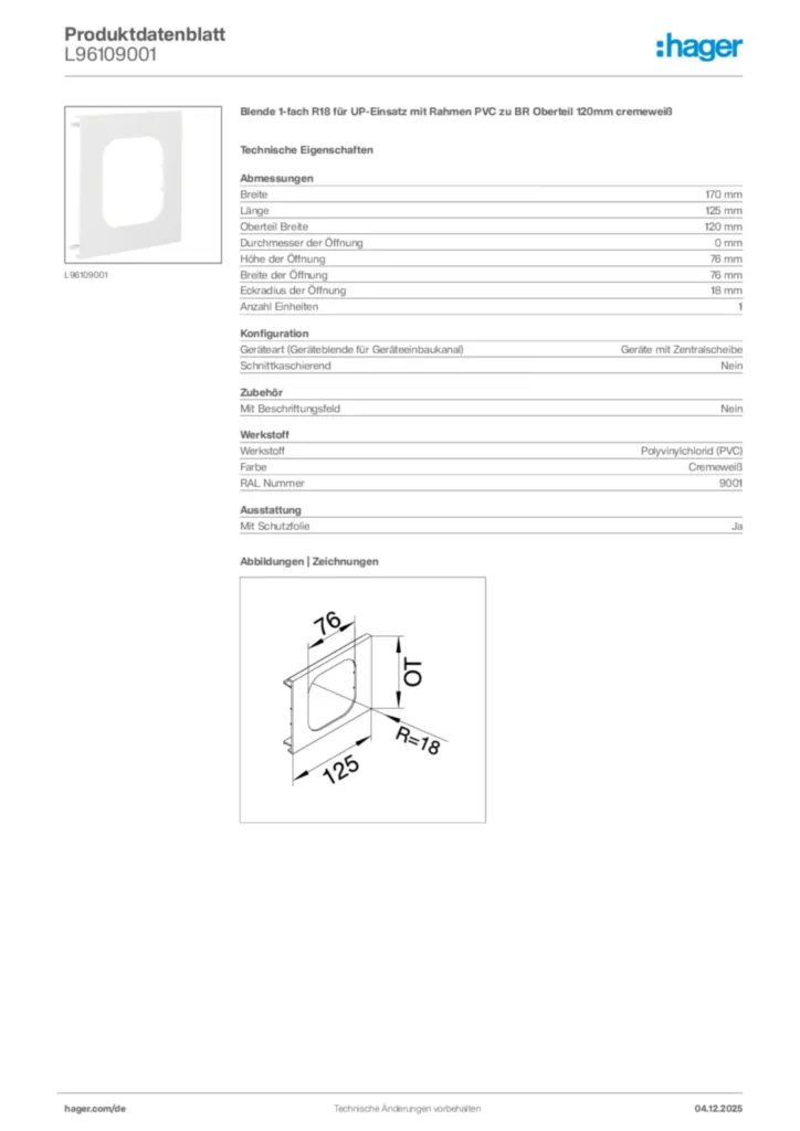 Bild Hager Produktdatenblatt L96109001 | Hager Deutschland