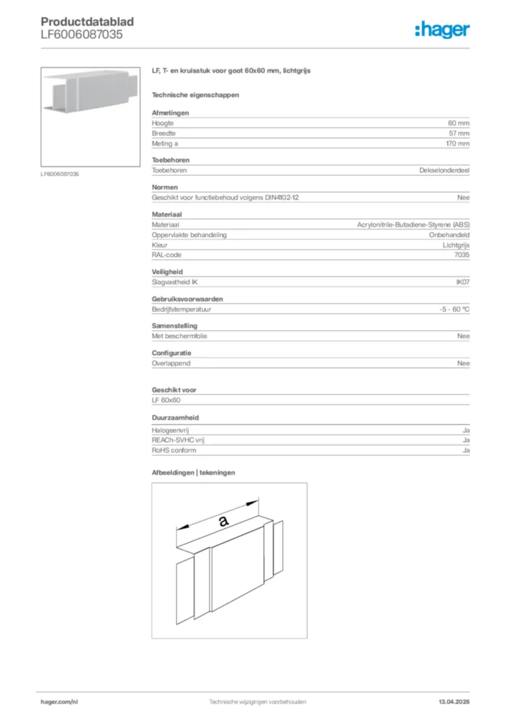 Afbeelding Hager Productdatablad LF6006087035 | Hager Nederland