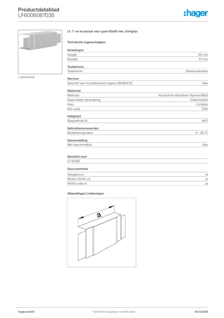 Afbeelding Hager Productdatablad LF6006087035 | Hager Nederland