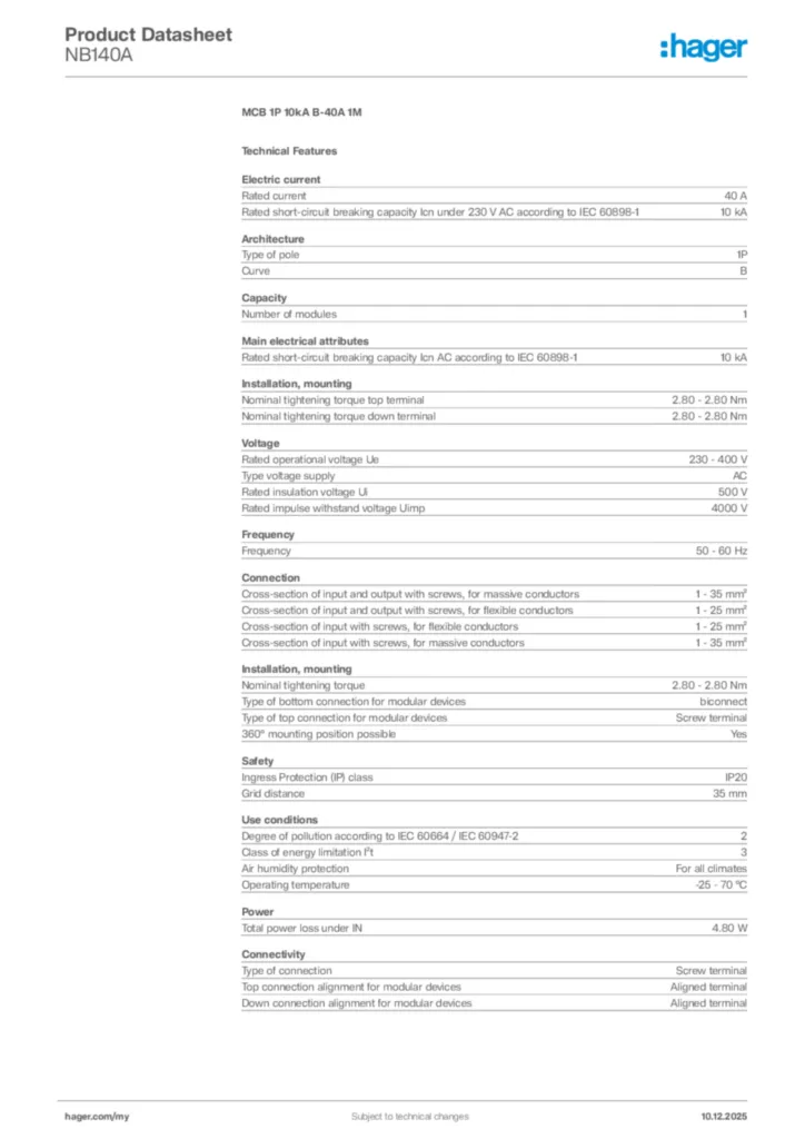 Image Hager Product data sheet NB140A  | Hager