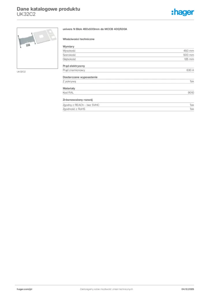 Zdjęcie Hager Karta katalogowa UK32C2 | Hager Polska
