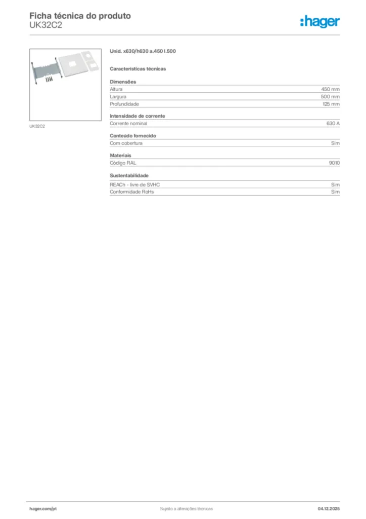 Imagem Hager Ficha técnica do produto UK32C2 | Hager Portugal