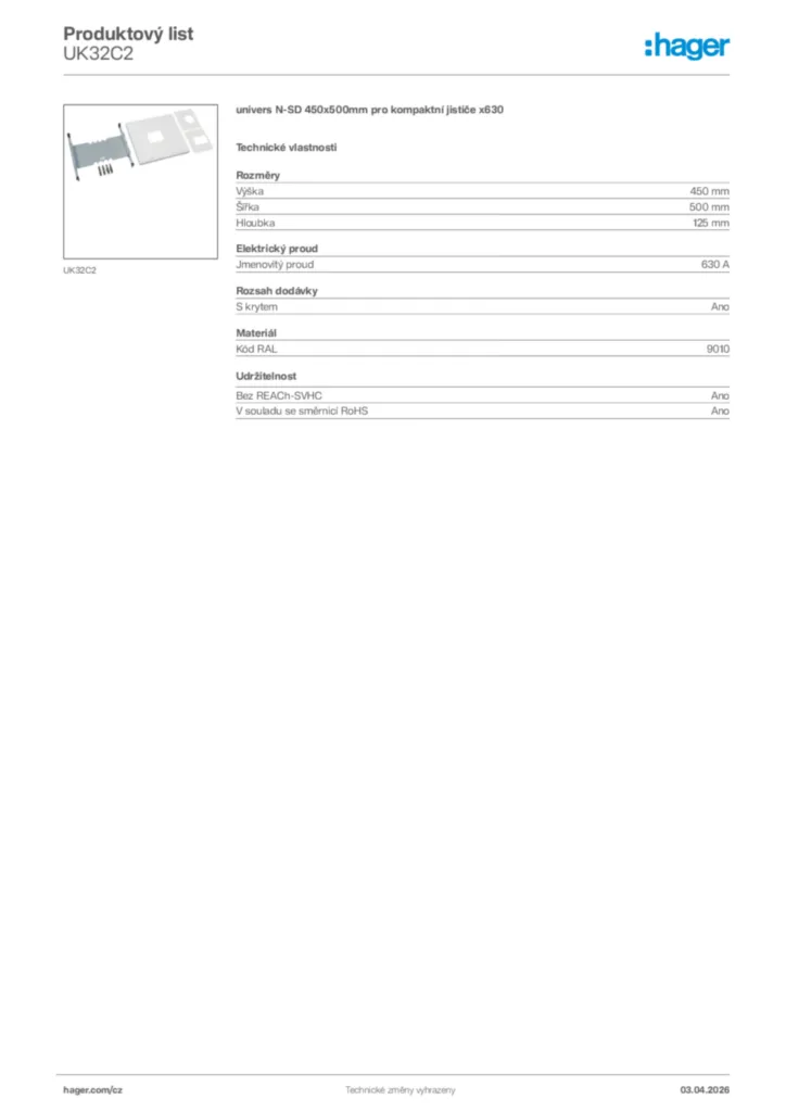 Obrázek Hager Product data sheet UK32C2 | Hager