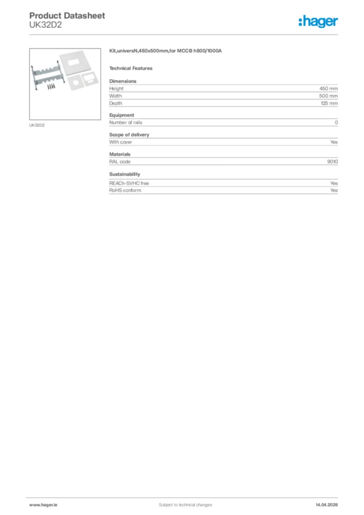Image Hager Product data sheet UK32D2  | Hager