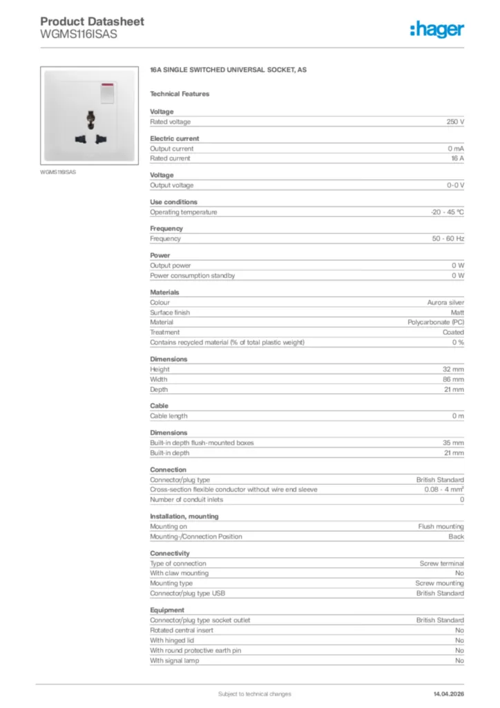 Image Hager Product data sheet WGMS116ISAS  | Hager Africa