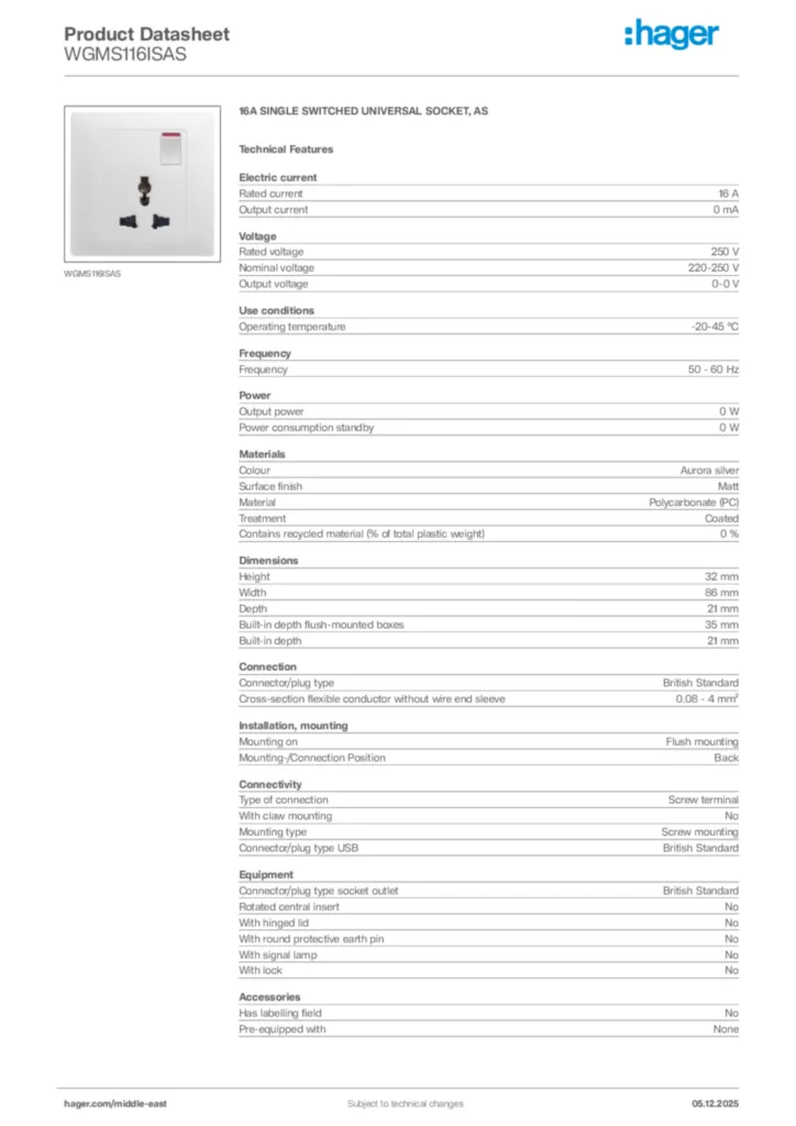 Image Hager Product data sheet WGMS116ISAS  | Hager