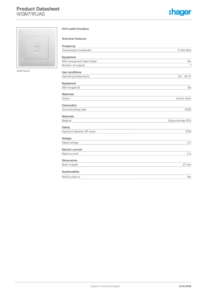Image Hager Product data sheet WGMT1RJAS  | Hager Africa