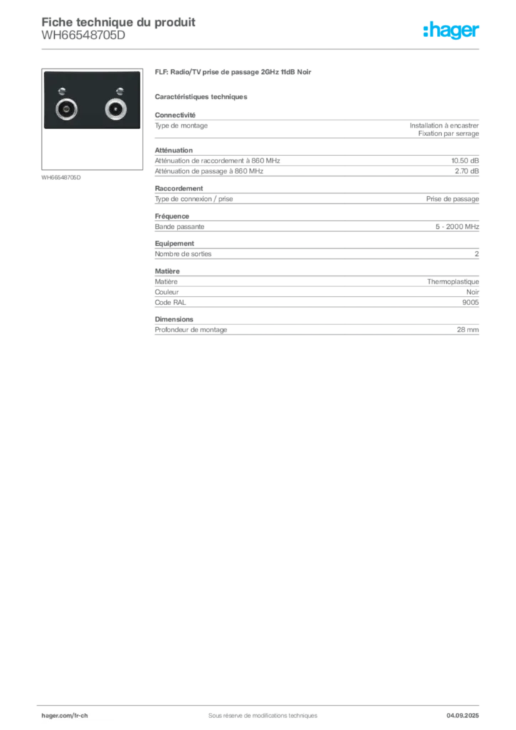 Image Hager Fiche technique du produit WH66548705D | Hager Suisse