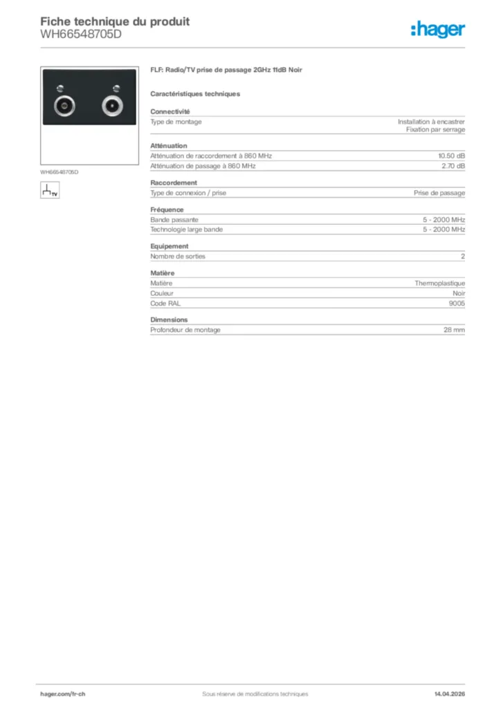 Image Hager Fiche technique du produit WH66548705D | Hager Suisse