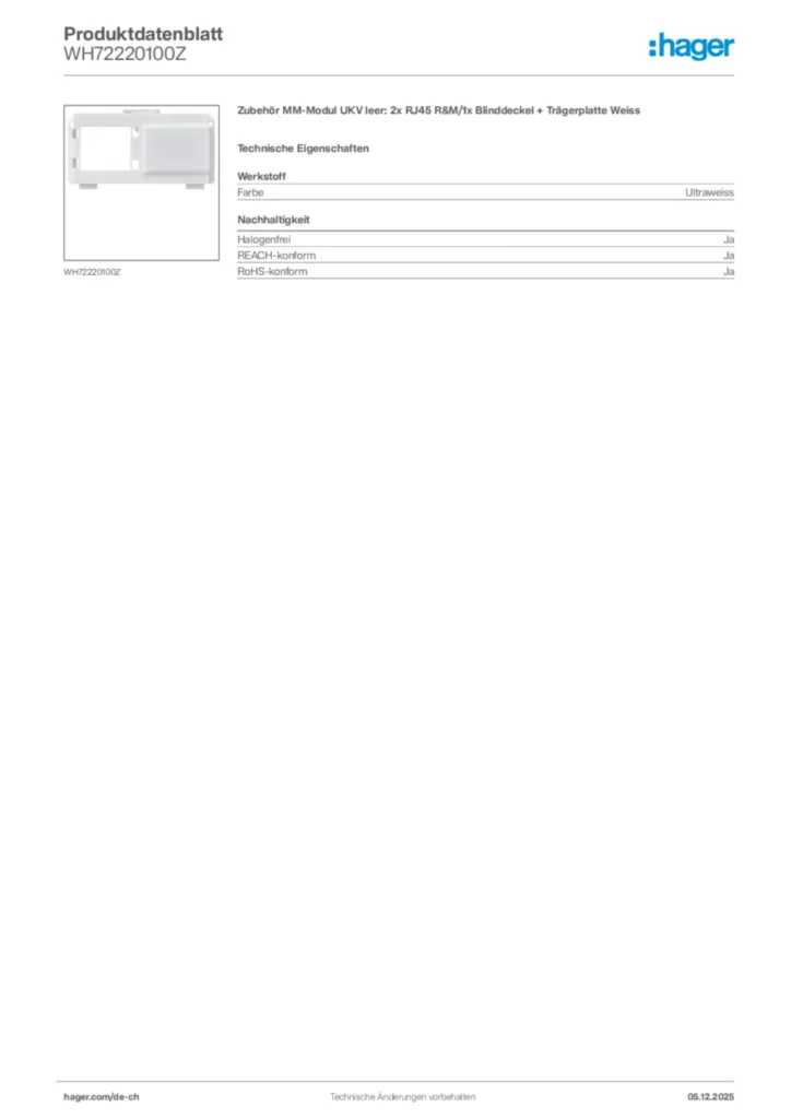 Bild Hager Produktdatenblatt WH72220100Z | Hager Schweiz