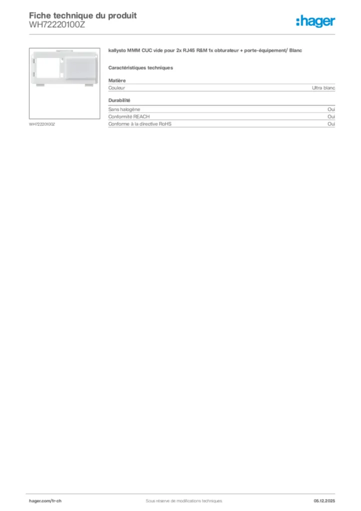 Image Hager Fiche technique du produit WH72220100Z | Hager Suisse