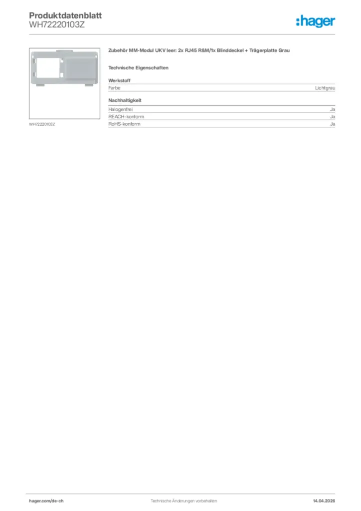 Bild Hager Produktdatenblatt WH72220103Z | Hager Schweiz