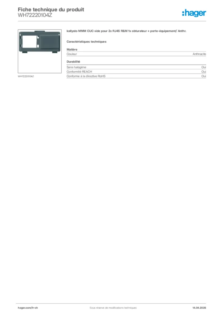 Image Hager Fiche technique du produit WH72220104Z | Hager Suisse