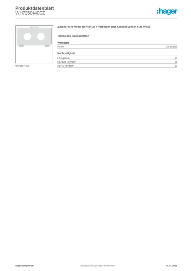 Bild Hager Produktdatenblatt WH72501400Z | Hager Schweiz