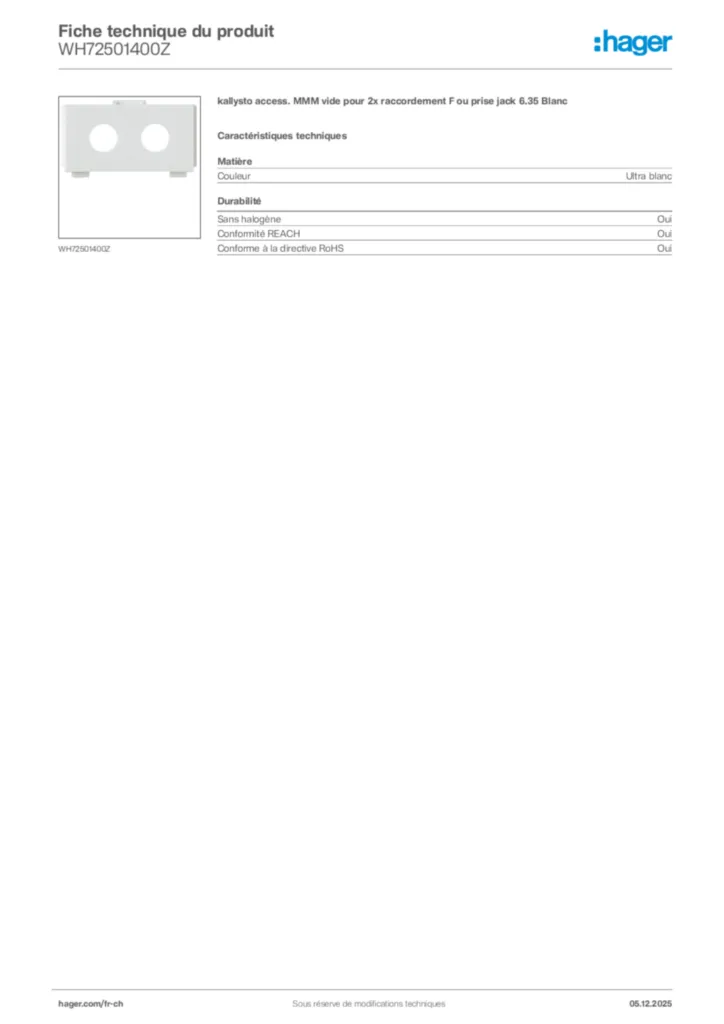 Image Hager Fiche technique du produit WH72501400Z | Hager Suisse