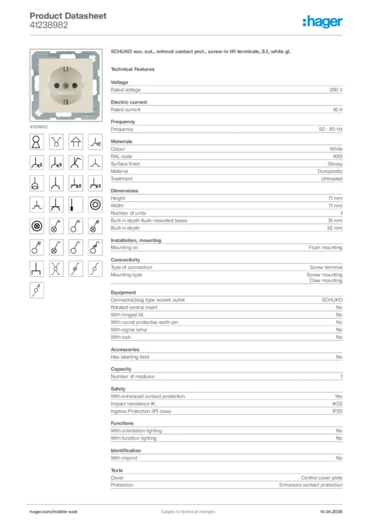 Image Hager Product data sheet 41238982  | Hager