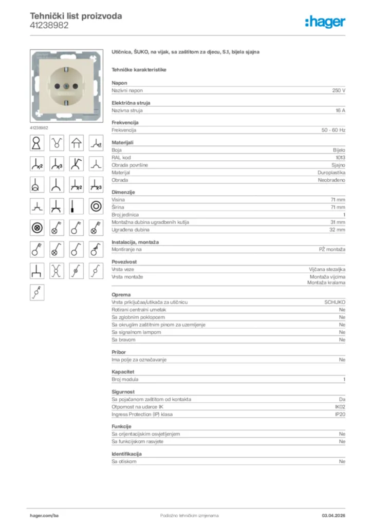 Slika Hager Tehnički list proizvoda 41238982  | Hager