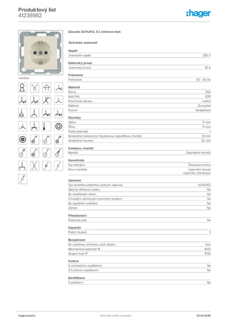 Obrázek Hager Product data sheet 41238982 | Hager