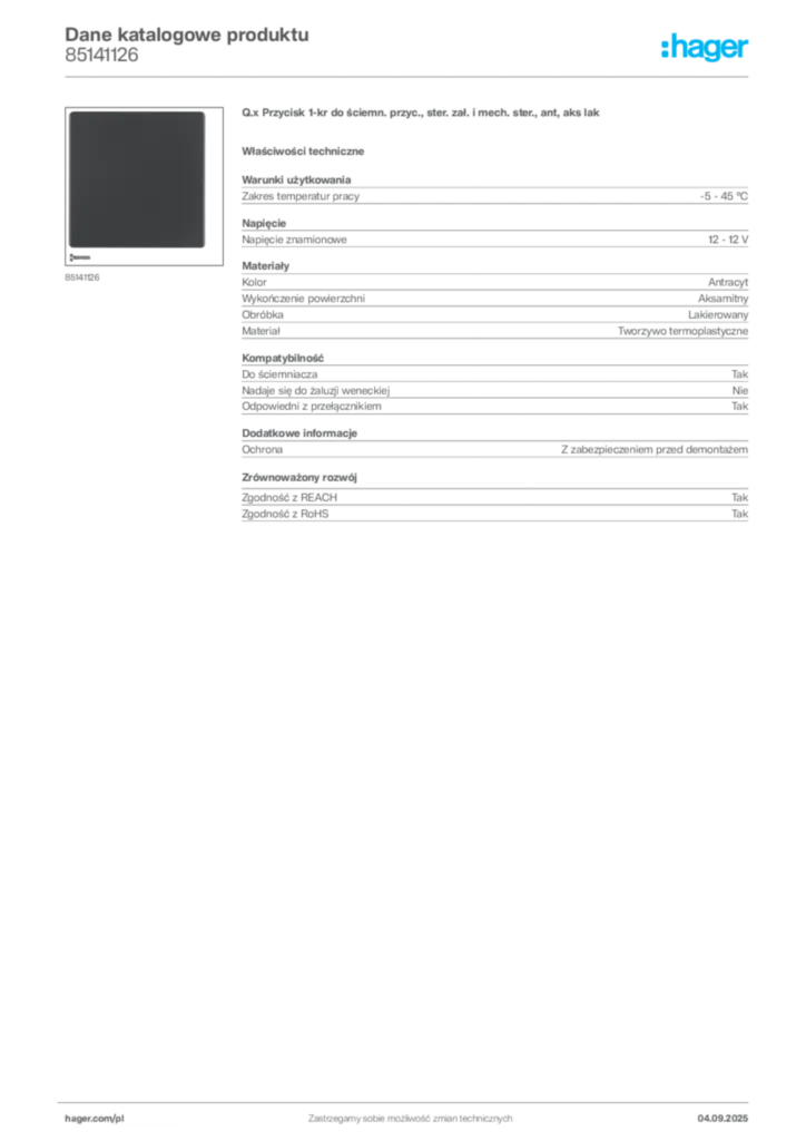 Zdjęcie Hager Dane katalogowe produktu 85141126 | Hager Polska