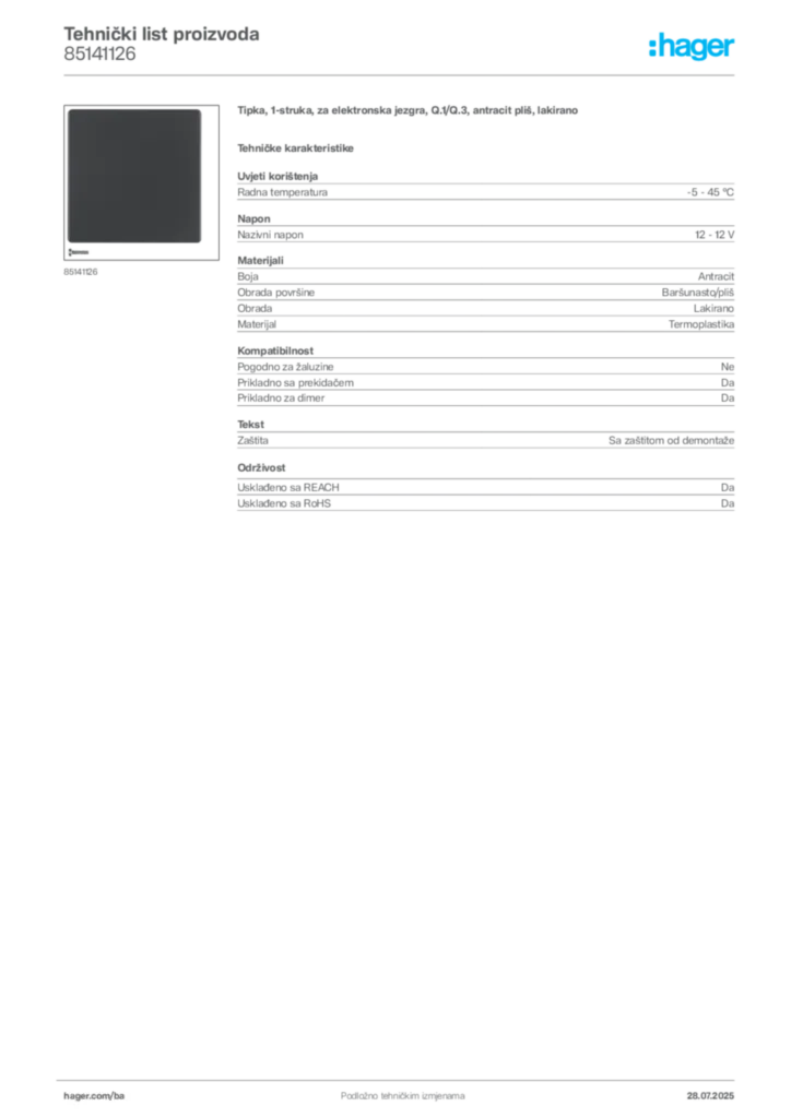 Slika Hager Product data sheet 85141126  | Hager
