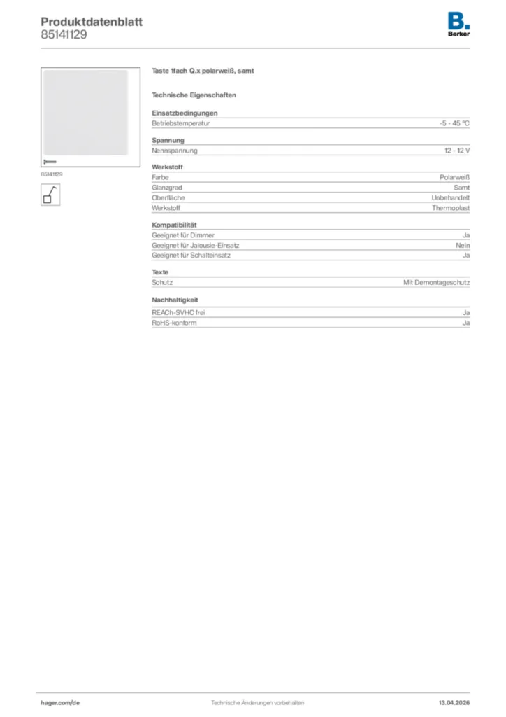 Bild Berker Produktdatenblatt 85141129 | Hager Deutschland