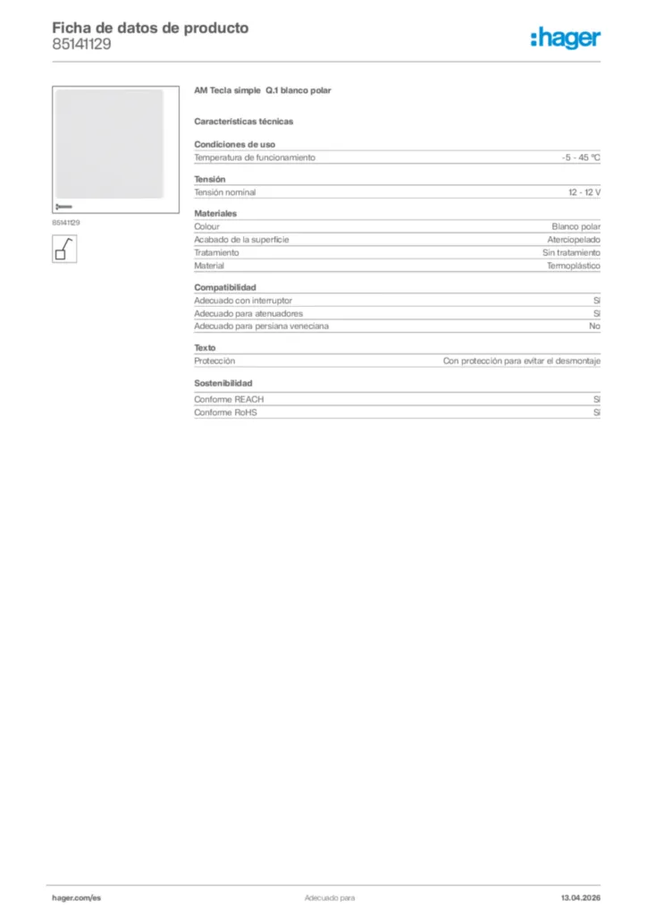 Imagen Hager Ficha de datos de producto 85141129 | Hager España