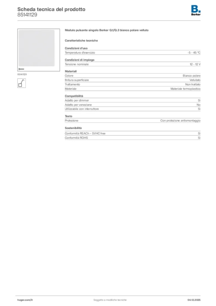 Immagine Berker Scheda tecnica del prodotto 85141129 | Hager Italia
