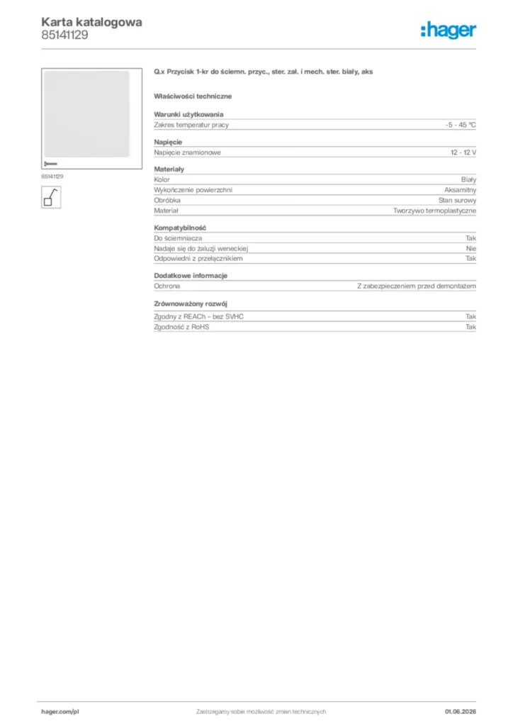 Zdjęcie Hager Karta katalogowa 85141129 | Hager Polska