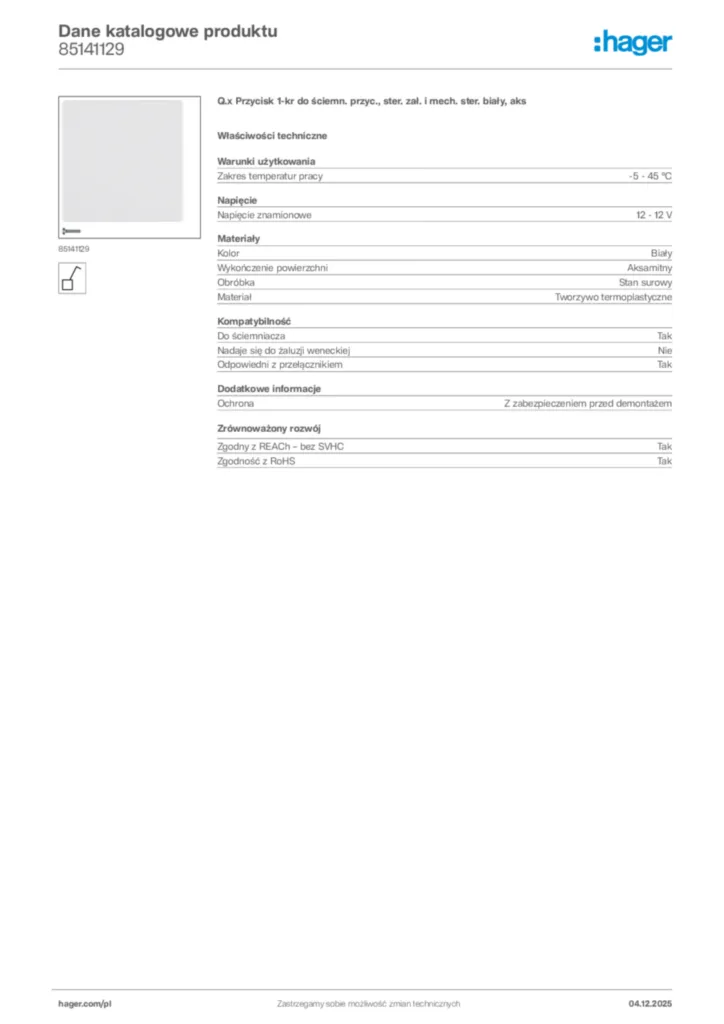 Zdjęcie Hager Dane katalogowe produktu 85141129 | Hager Polska
