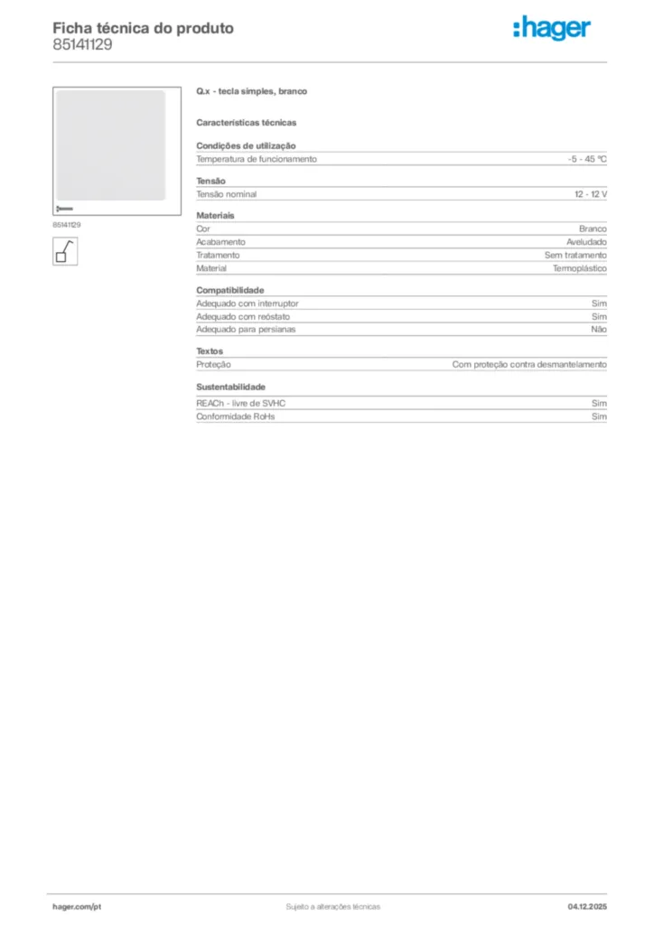 Imagem Hager Ficha técnica do produto 85141129 | Hager Portugal