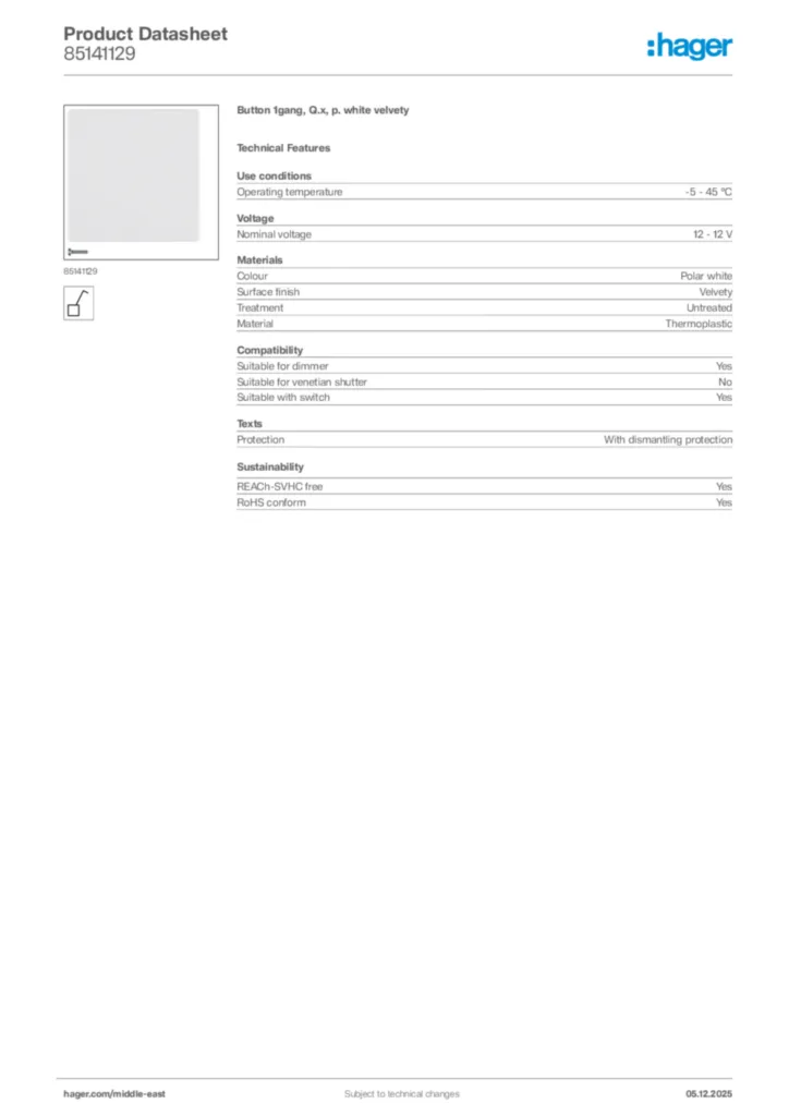 Image Hager Product data sheet 85141129  | Hager