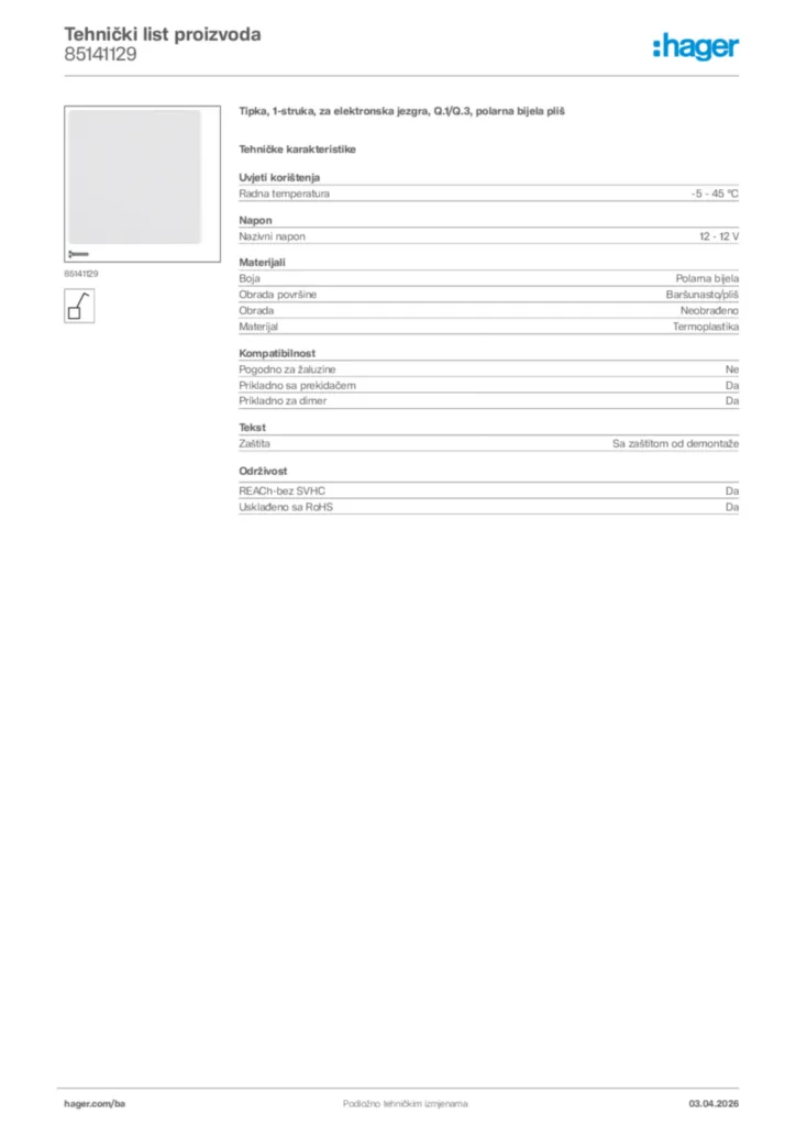 Slika Hager Tehnički list proizvoda 85141129  | Hager