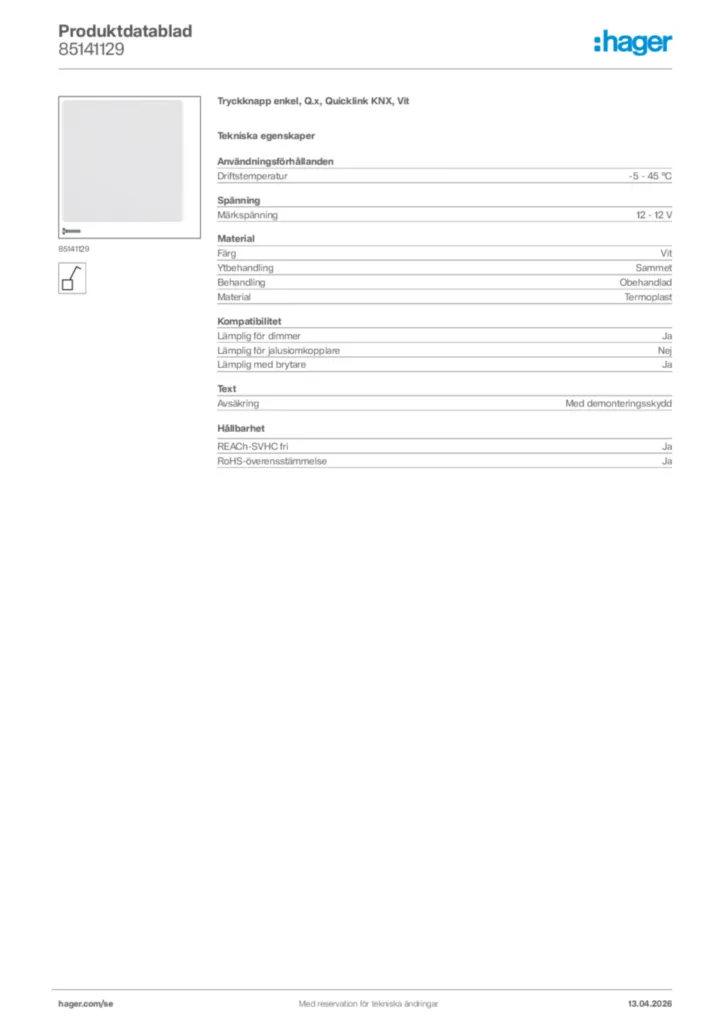 Bild Hager Produktdatablad 85141129 | Hager Sverige