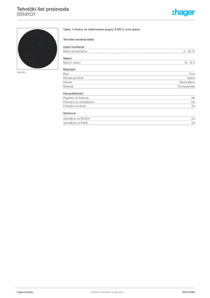 Slika Hager Product data sheet 85141131  | Hager