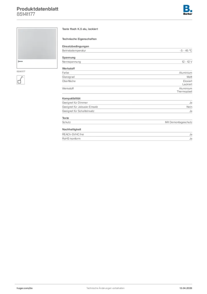 Bild Berker Produktdatenblatt 85141177 | Hager Deutschland