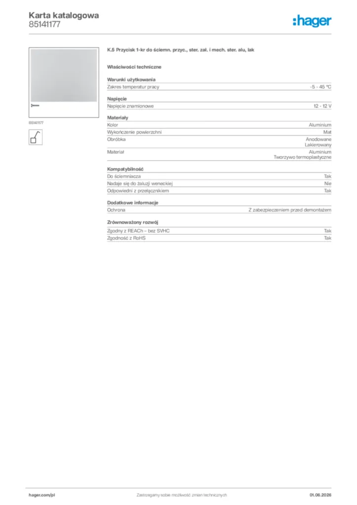 Zdjęcie Hager Karta katalogowa 85141177 | Hager Polska