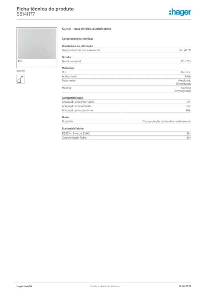 Imagem Hager Ficha técnica do produto 85141177 | Hager Portugal