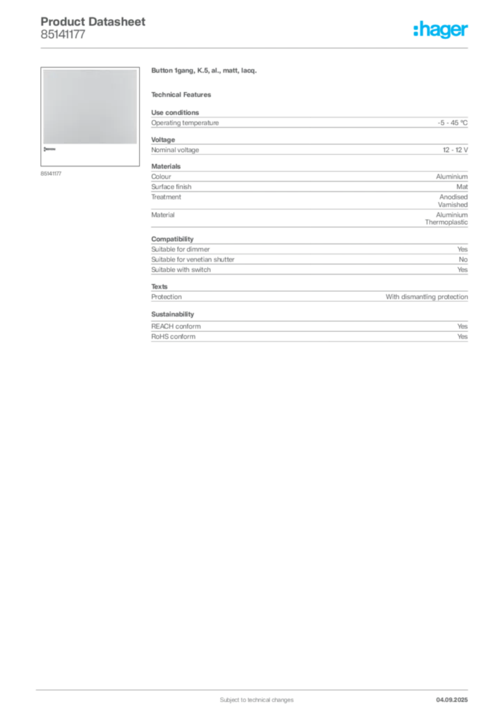 Image Hager Product data sheet 85141177  | Hager