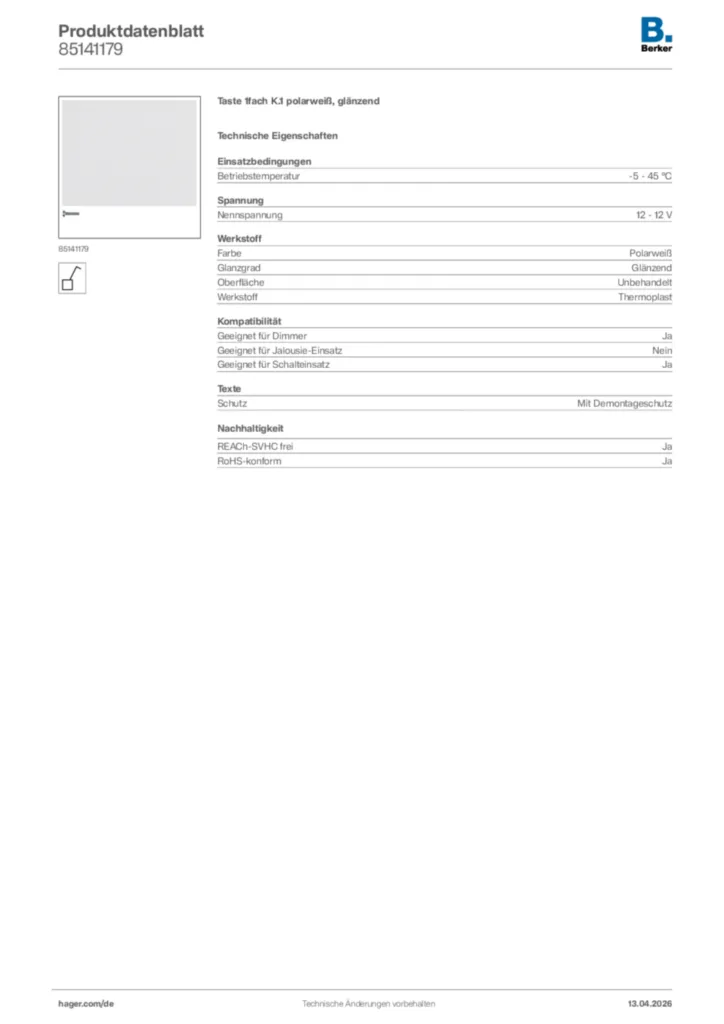 Bild Berker Produktdatenblatt 85141179 | Hager Deutschland