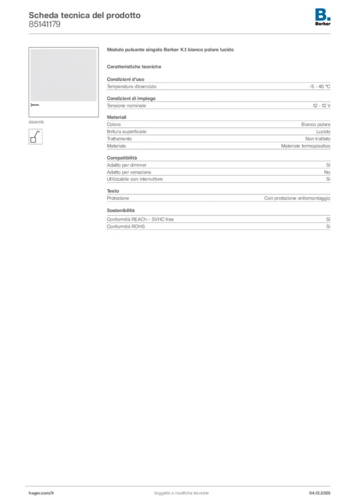 Immagine Berker Scheda tecnica del prodotto 85141179 | Hager Italia
