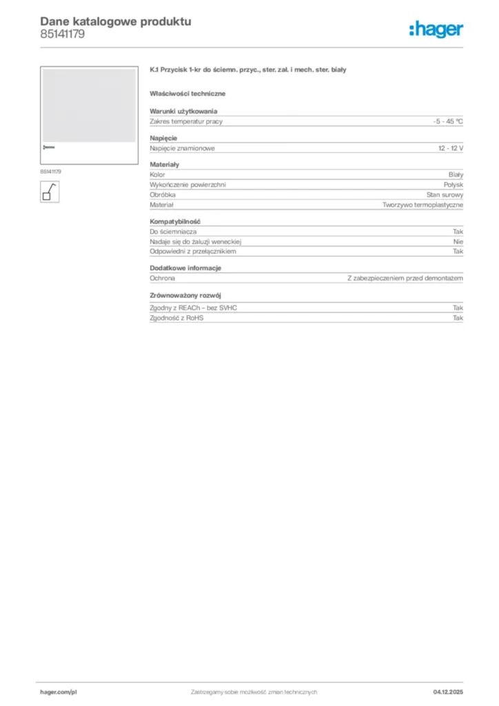 Zdjęcie Hager Karta katalogowa 85141179 | Hager Polska