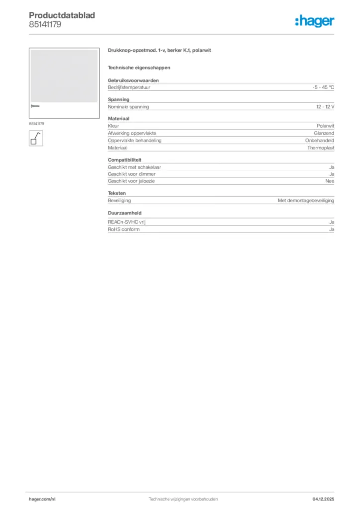 Afbeelding Hager Productdatablad 85141179 | Hager Nederland