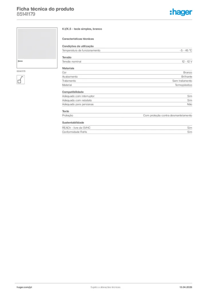 Imagem Hager Ficha técnica do produto 85141179 | Hager Portugal