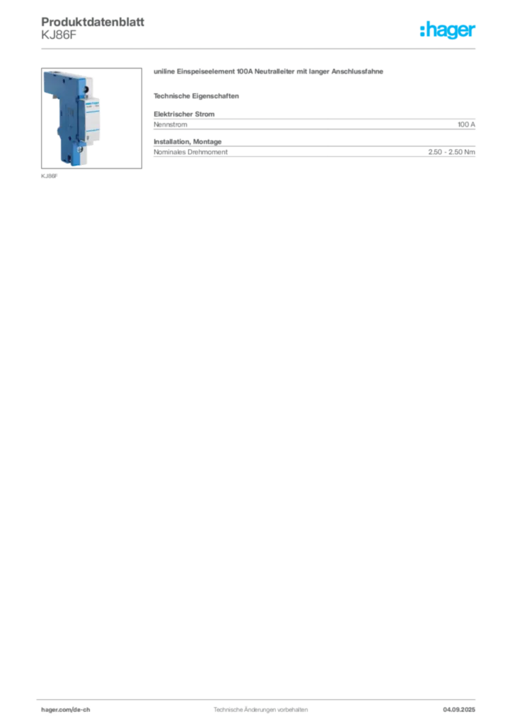 Bild Hager Produktdatenblatt KJ86F | Hager Schweiz