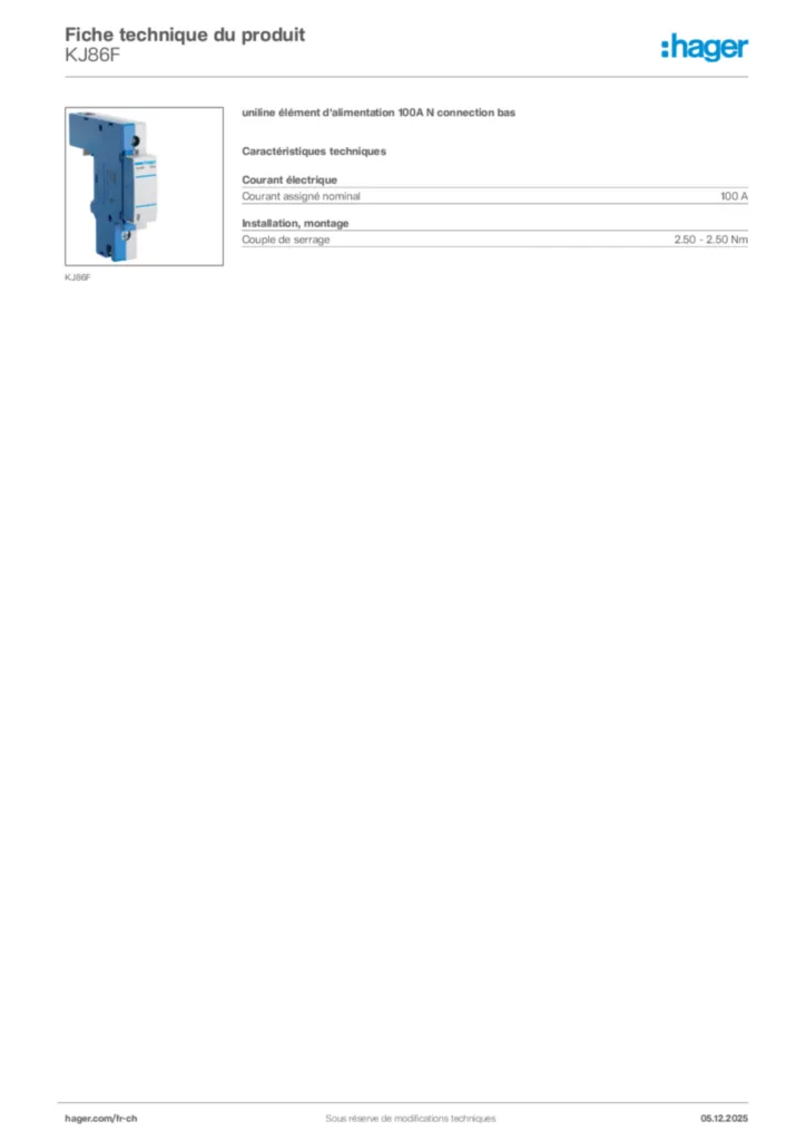 Image Hager Fiche technique du produit KJ86F | Hager Suisse