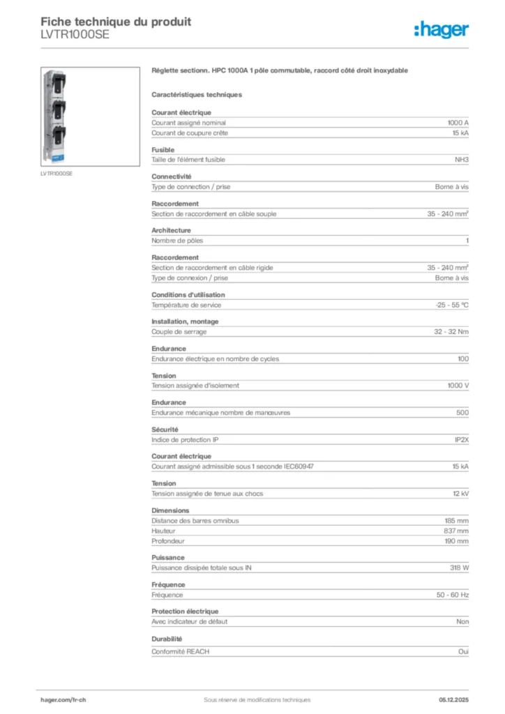 Image Hager Fiche technique du produit LVTR1000SE | Hager Suisse