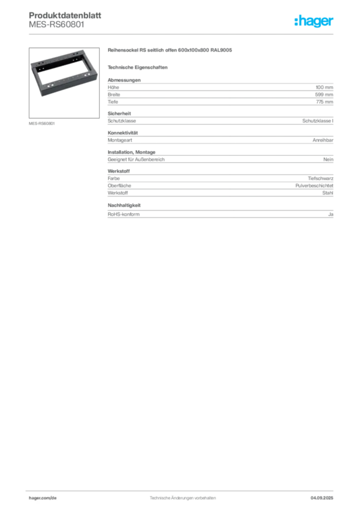 Bild Hager Produktdatenblatt MES-RS60801 | Hager Deutschland