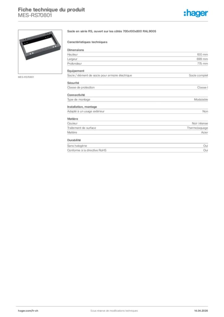 Image Hager Fiche technique du produit MES-RS70801 | Hager Suisse