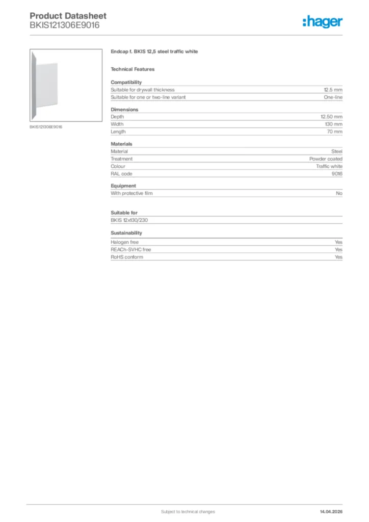 Image Hager Product data sheet BKIS121306E9016  | Hager Africa