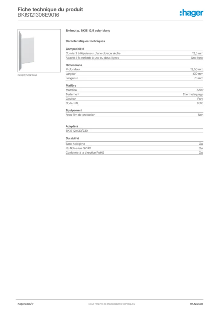 Image Hager Fiche technique du produit BKIS121306E9016 | Hager France